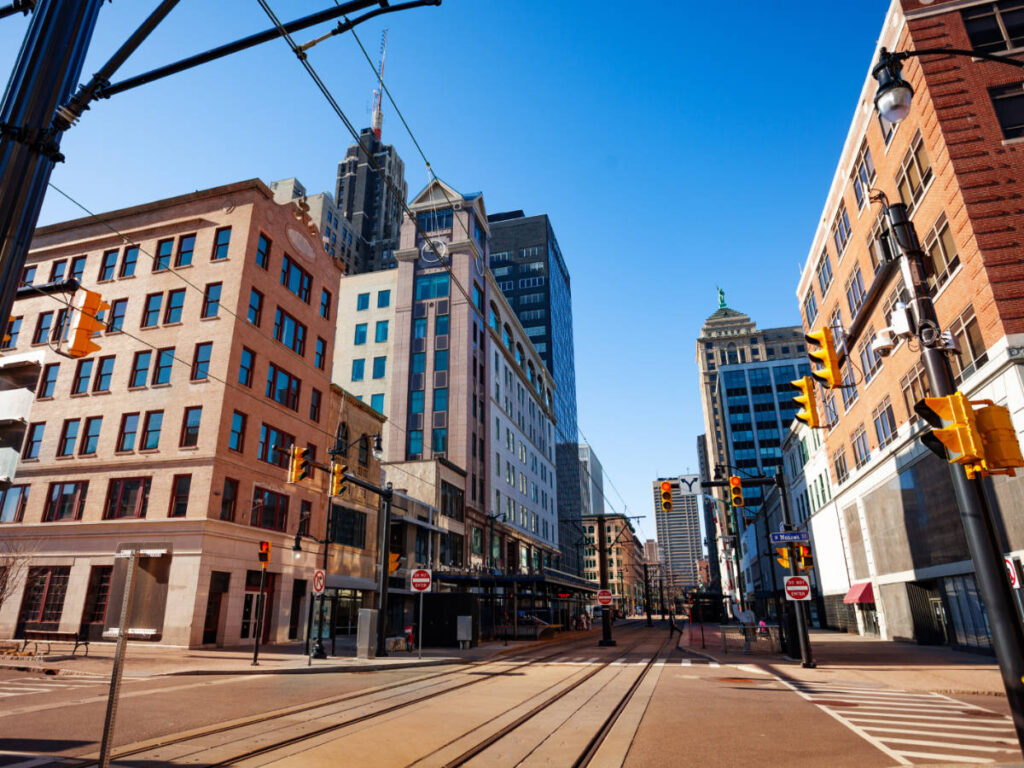 Clear blue sky over the buildings in Downtown Buffalo