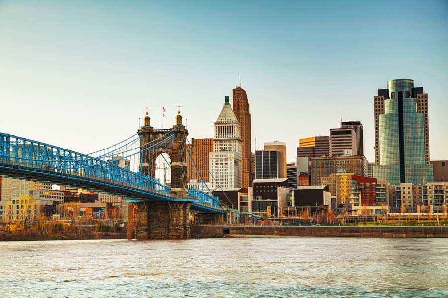View of buildings from downtown Cincinnati and the Ohio River
