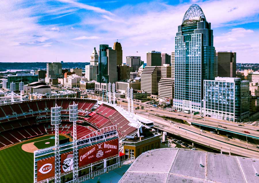 Aerial view of skyscrapers and stadium in Downtown Cincinnati