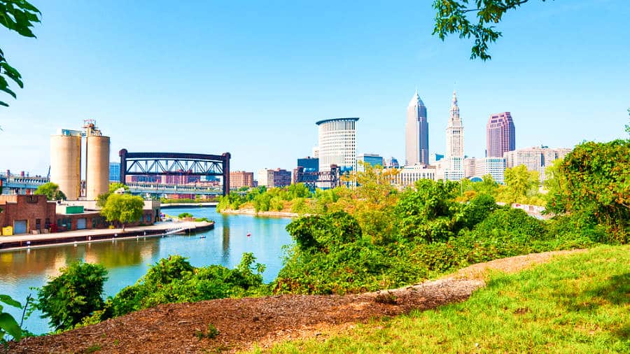 View of the downtown Cleveland skyline and the Cuyahoga River
