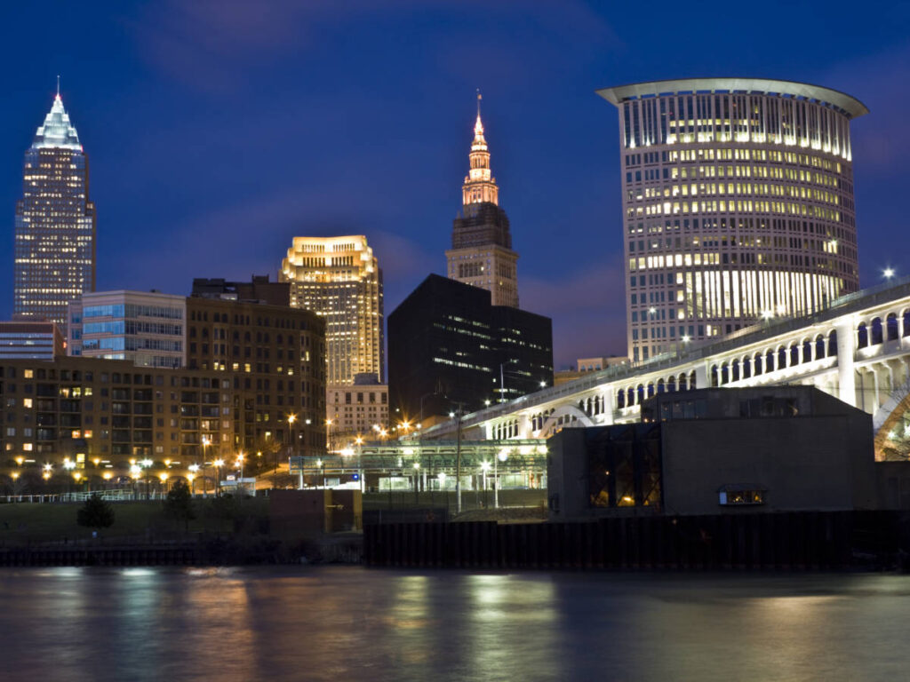 Clear sky over Downtown Cleveland at night