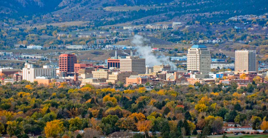 Aerial view of Downtown Colorado Springs during fall season
