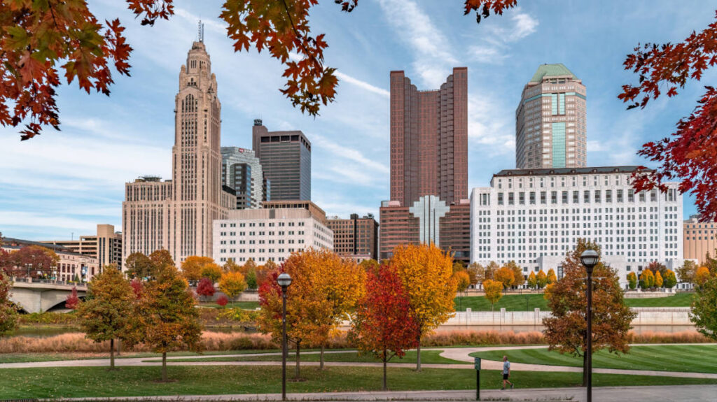 Blue sky over the buildings in Downtown Columbus during fall season