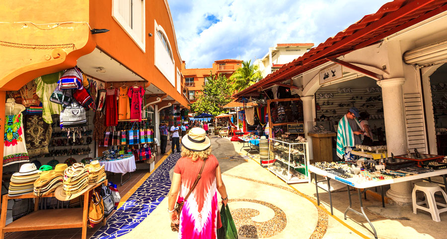 View of local boutiques and souvenir shops in Downtown Cozumel