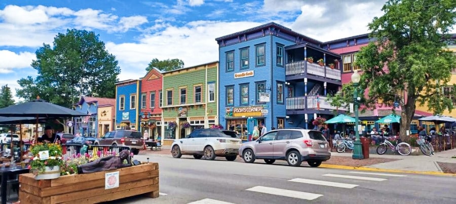 Vibrant and colorful buildings on Elk Avenue
