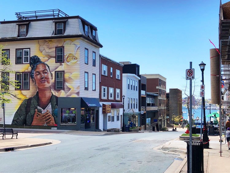 Portland Street in downtown Dartmouth with mural on building