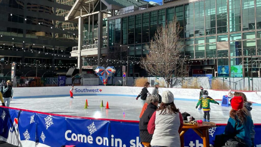 View of people at the Downtown Denver Ice Rink during winter season