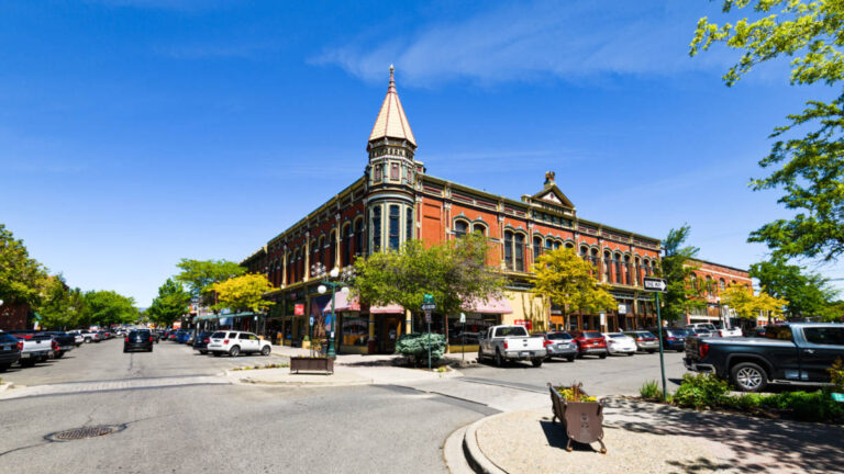 Panoramic view of the historic building in downtown Ellensburg, seen from across the street