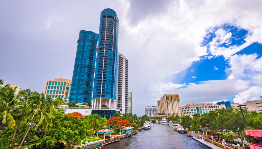 View of the New River and some hotels around the area