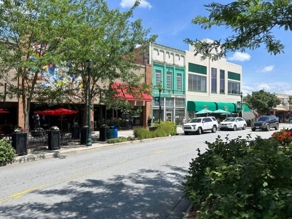 View from a street in Downtown Hendersonville during a sunny morning
