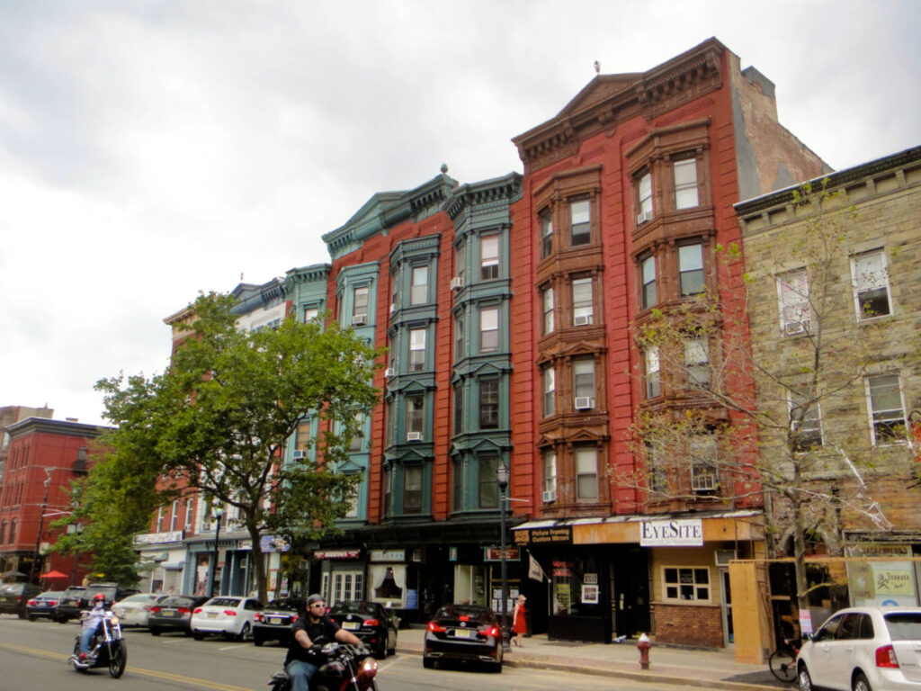 View of the colorful buildings along the Washington Street in downtown Hoboken