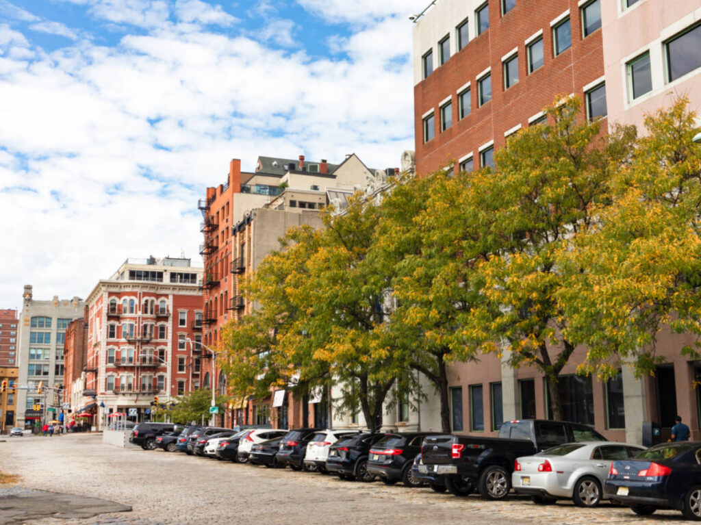 View of the fall foliage in front of the buildings in Downtown Hoboken