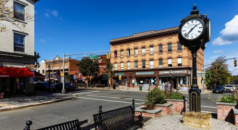 View of the town clock and the small buildings in Downtown Madison
