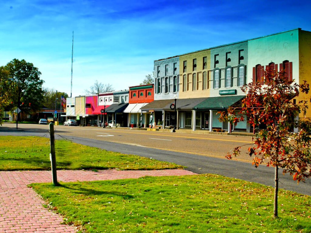 View of the colorful buildings from across the street in Downtown Martin