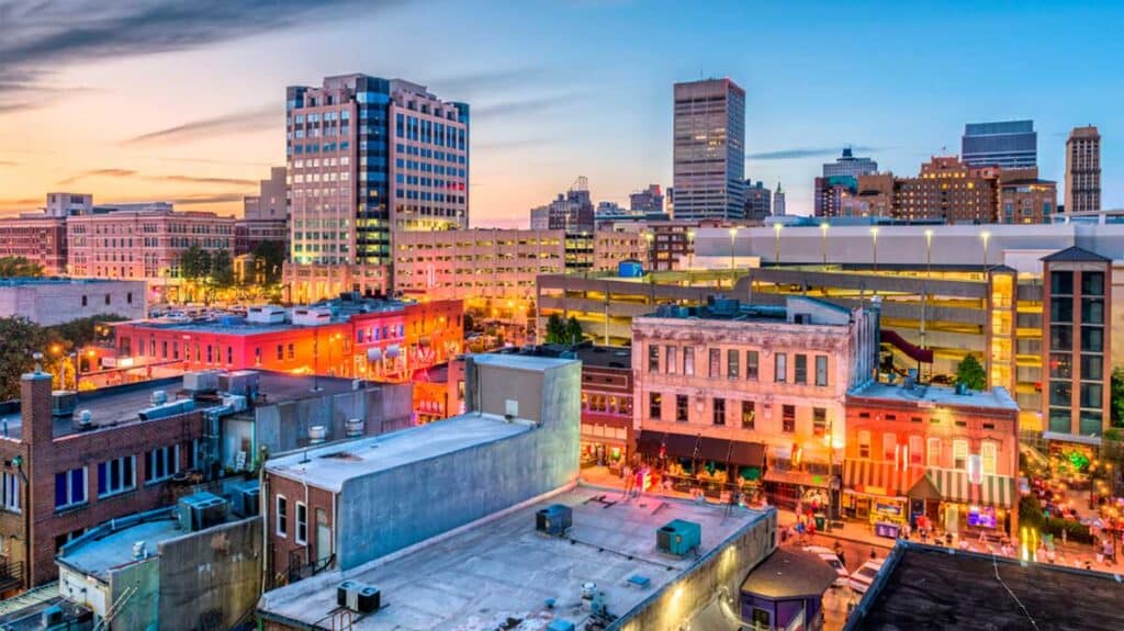 Overlooking view of buildings in Downtown Memphis at sunset