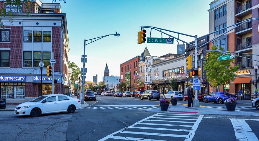 Late afternoon view of the downtown Morristown across the street