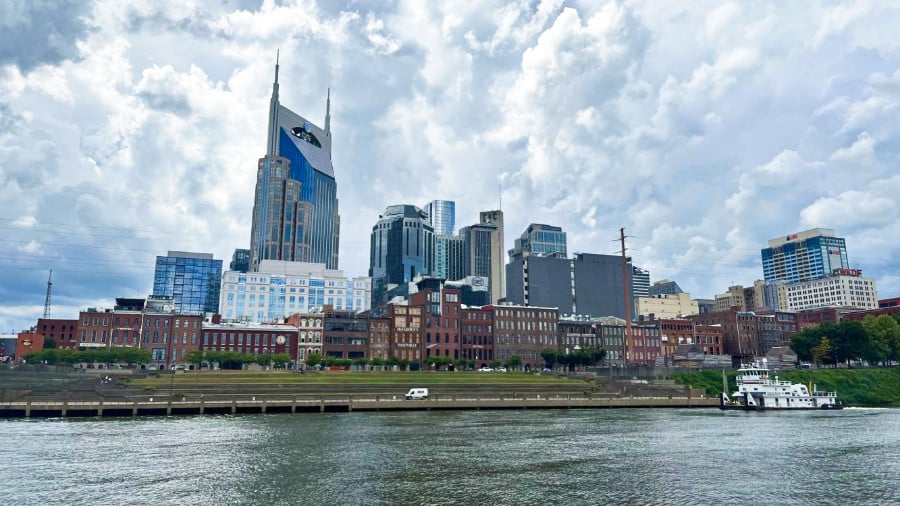 View of Downtown Nashville from the Cumberland River on a gloomy day