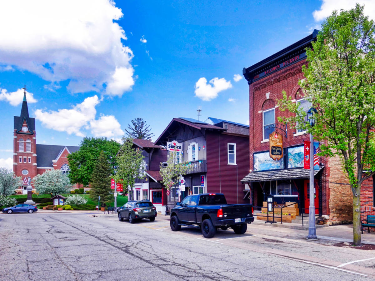 View of the brick buildings at Downtown New Glarus