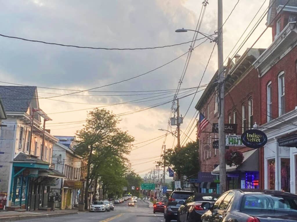 View of sunset on a street in downtown New Paltz