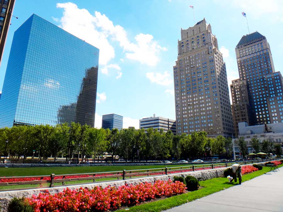 View of skyscrapers around the Military Park in Downtown Newark