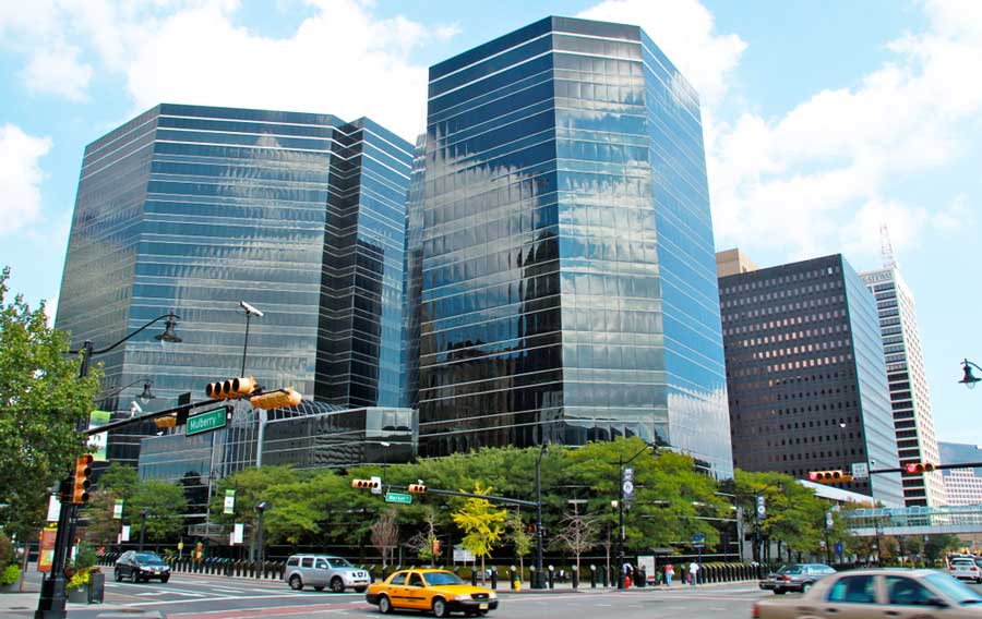 View of cars on the street and buildings in Downtown Newark