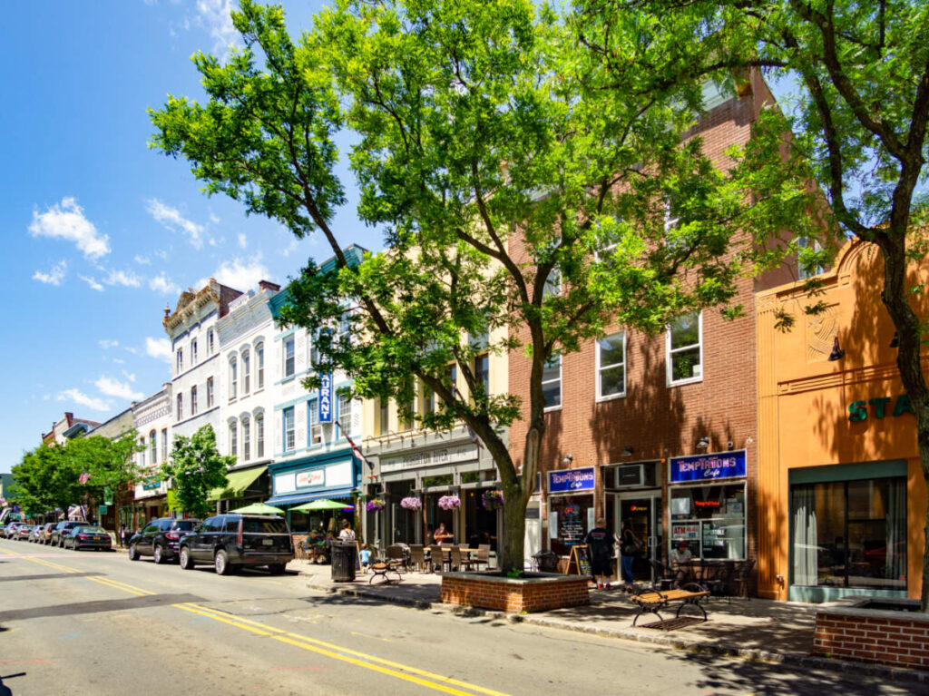View of Nyack's downtown shopping district, looking up Main Street and all its shops and cafes