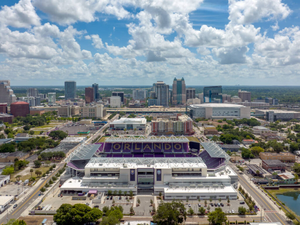 Aerial view of Downtown Orlando and the soccer stadium