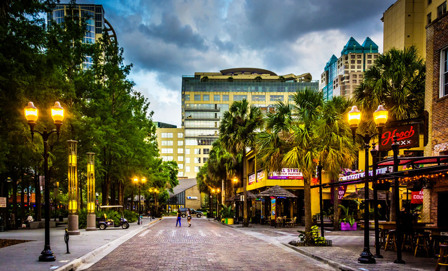 View of a brick street in the Downtown Orlando neighborhood