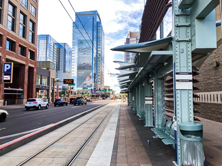 View of the skyscrapers at the rail of the Metro train along the street of Downtown Phoenix