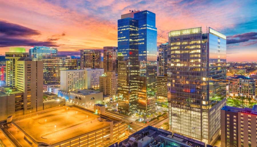 The colorful sky during sunset over the Downtown Phoenix