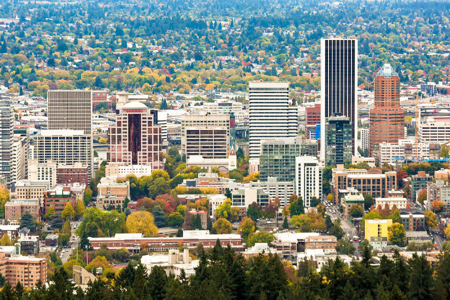 Aerial view of the fall foliage and skyline of downtown Portland