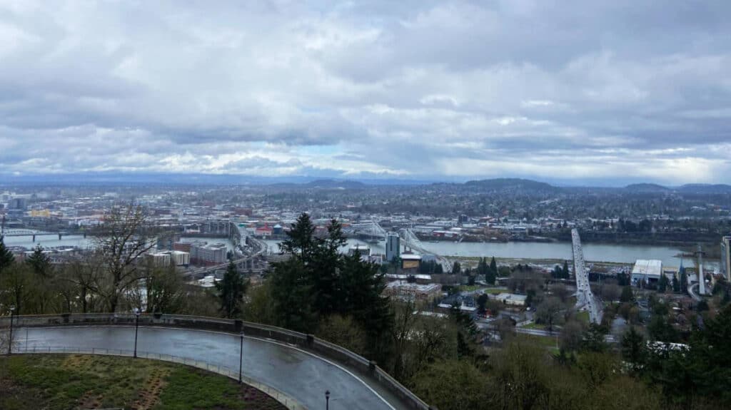 Aerial view of Downtown Portland and a dark sky over it