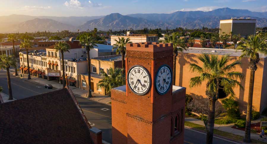 A clock tower in Downtown Redlands