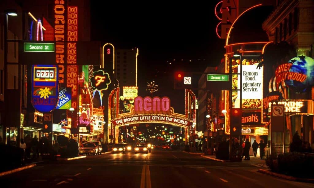 View of the neon signs around Downtown Reno at night