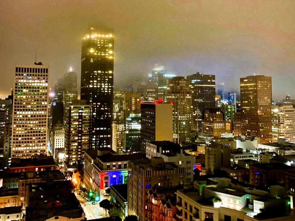 View of the illuminate skyscrapers in Downtown San Francisco at night