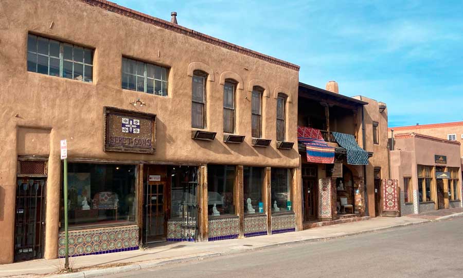 Adobe structures in Downtown Santa Fe under the clear blue sky