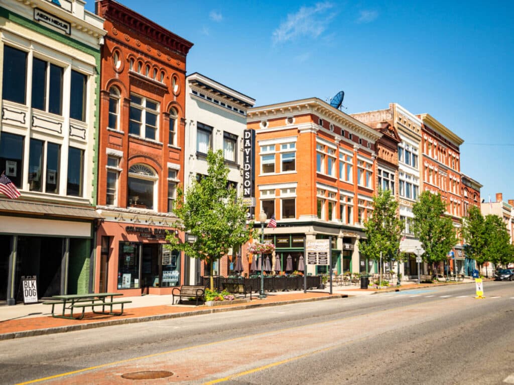 View of the colorful buildings along Downtown Saratoga Springs
