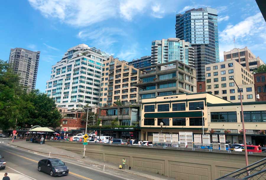 View of buildings from the street of Downtown Seattle