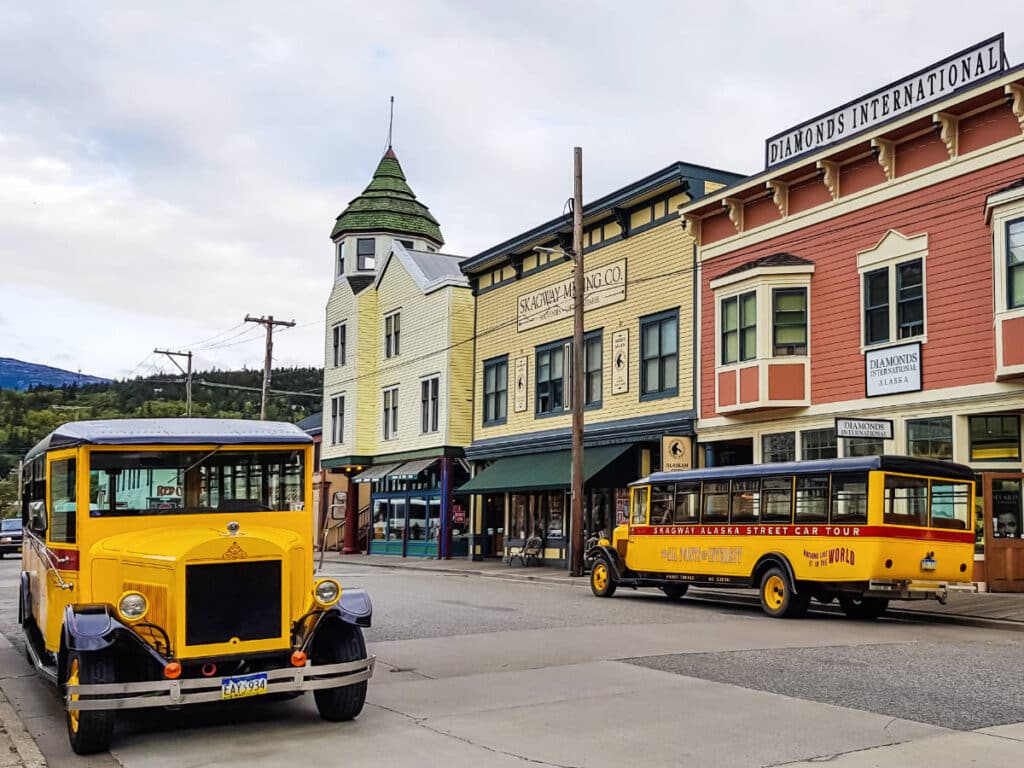 Vintage cars parked at downtown Skagway