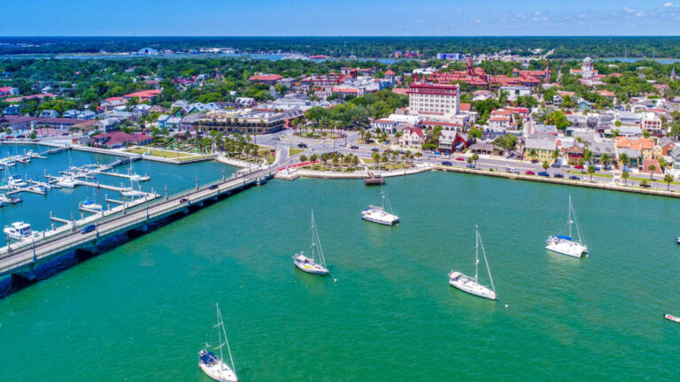 Aerial view of the boats sailing at the waterfront of the city of Downtown St. Augustine