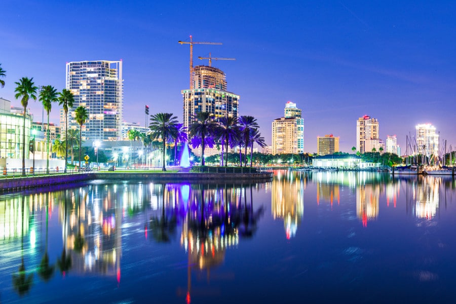 Night view of downtown St. Petersburg reflected on the water