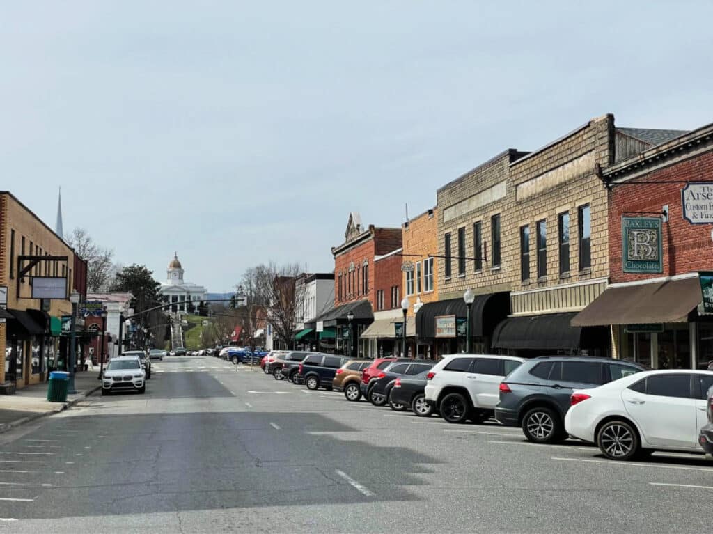 Cars parked along the road in Downtown Sylva