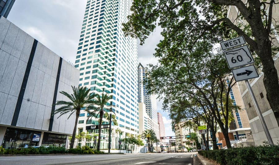 Tall buildings and empty streets of Downtown Tampa