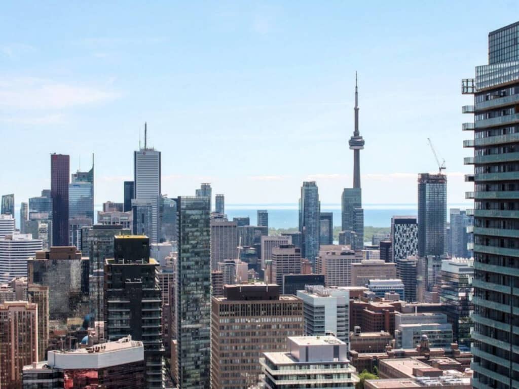 View of buildings under the clear blue sky in Downtown Toronto