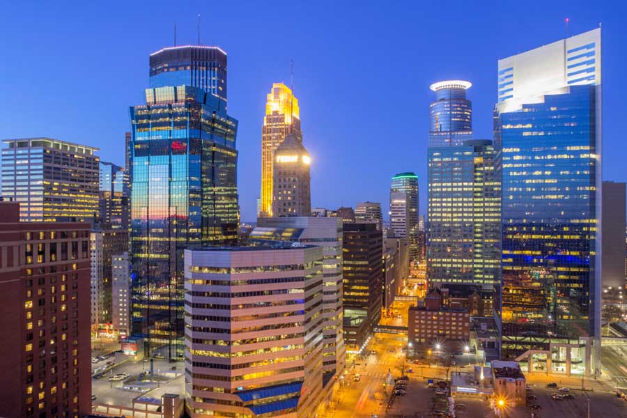 View of skyscrapers in Downtown West at night time
