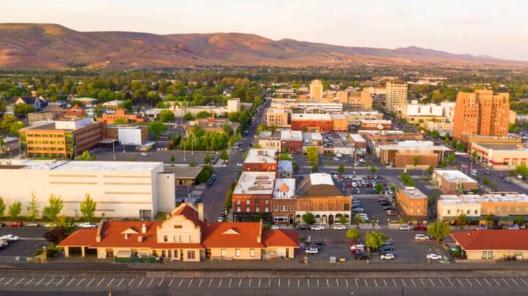 View of the sunset light over the downtown urban city center of Yakima