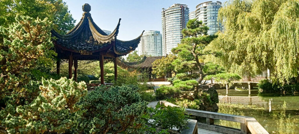 Panoramic view of a gazebos surrounded by greenery at Dr. Sun Yat-Sen Classical Chinese Garden