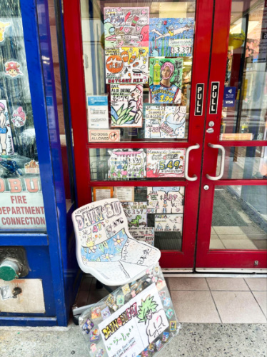 View of the colorful drawings at the front door of Dainobu
