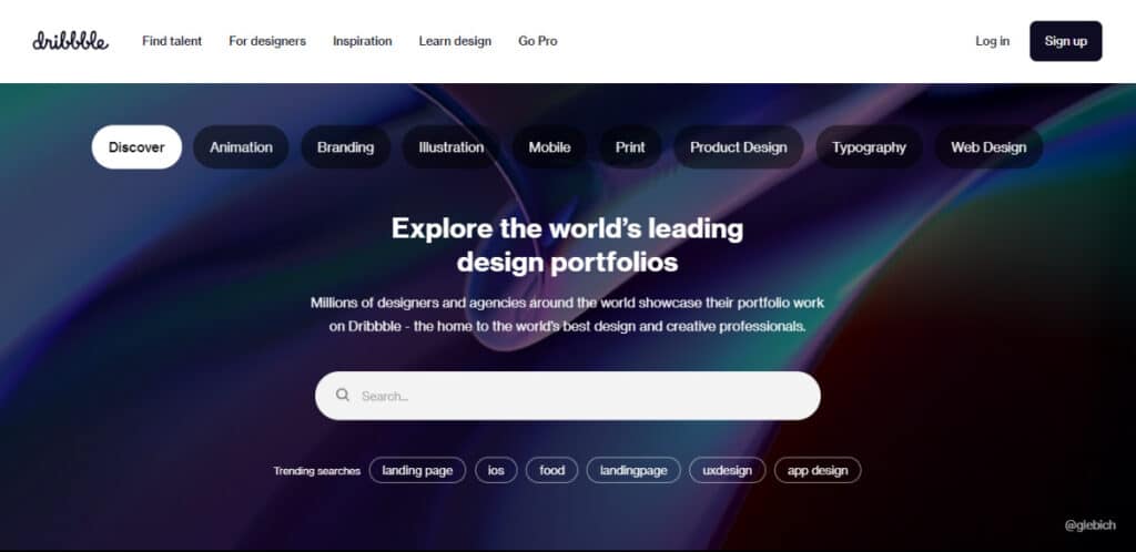 View of the homepage of Dribble 