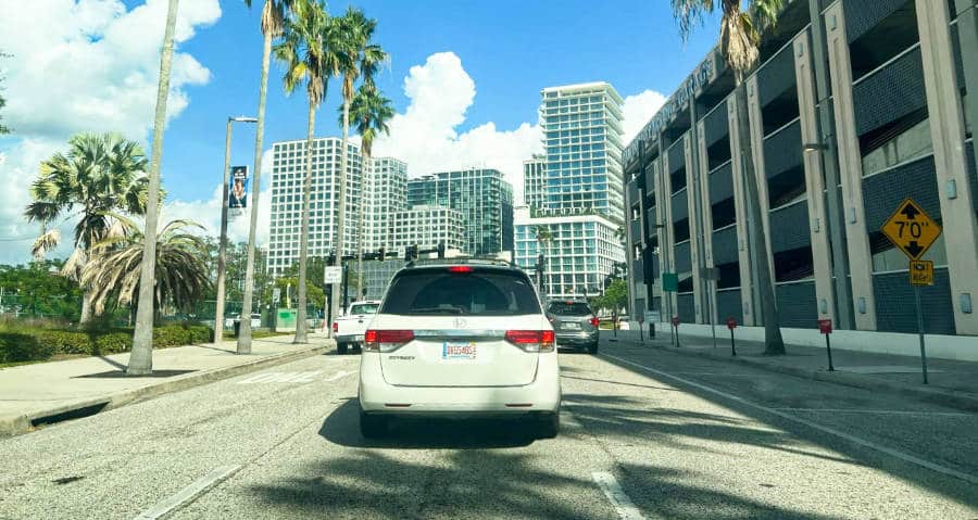 Cars driving on the road of downtown Tampa